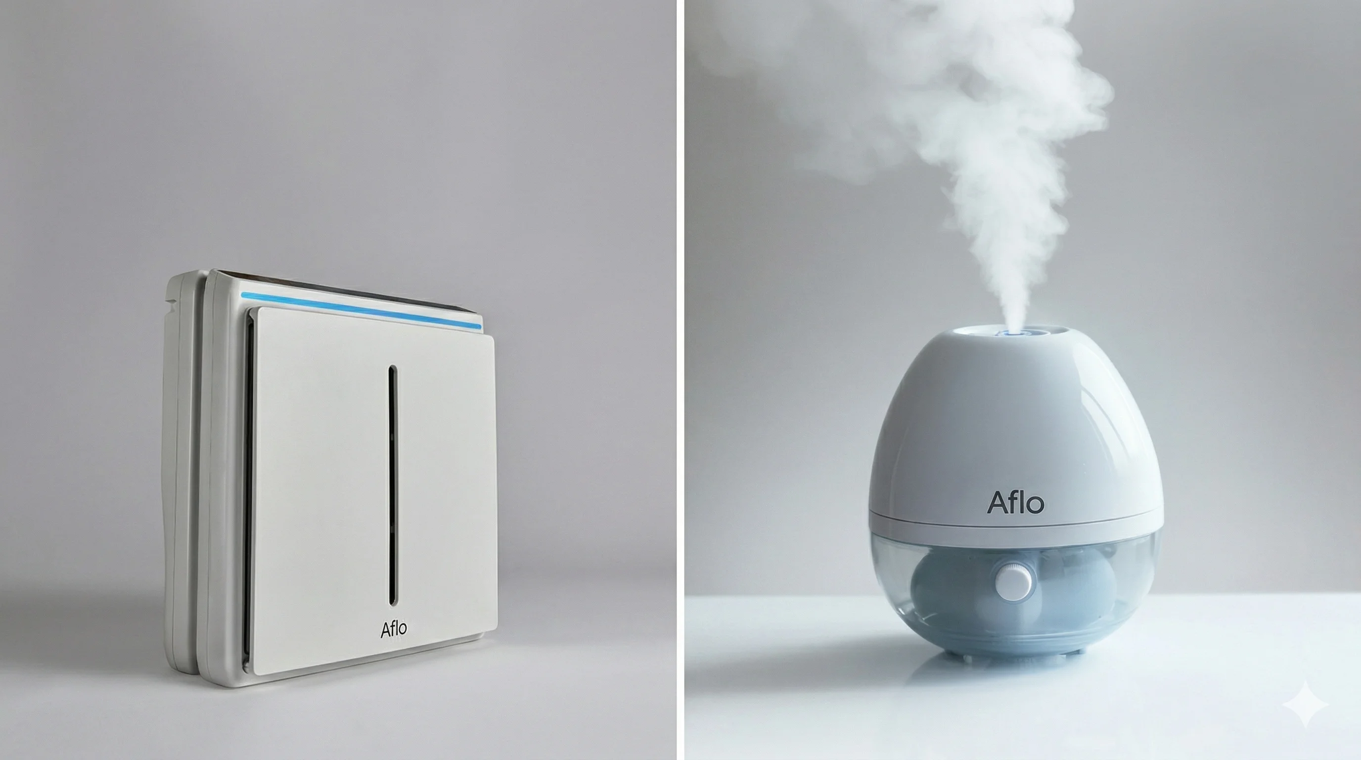 AflĹŤ humidifier emitting steam alongside its sleek design.