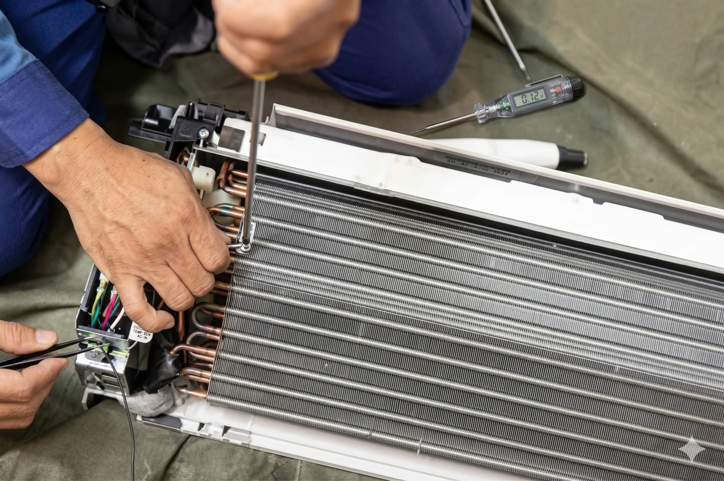Technician repairing an air conditioning unit with tools