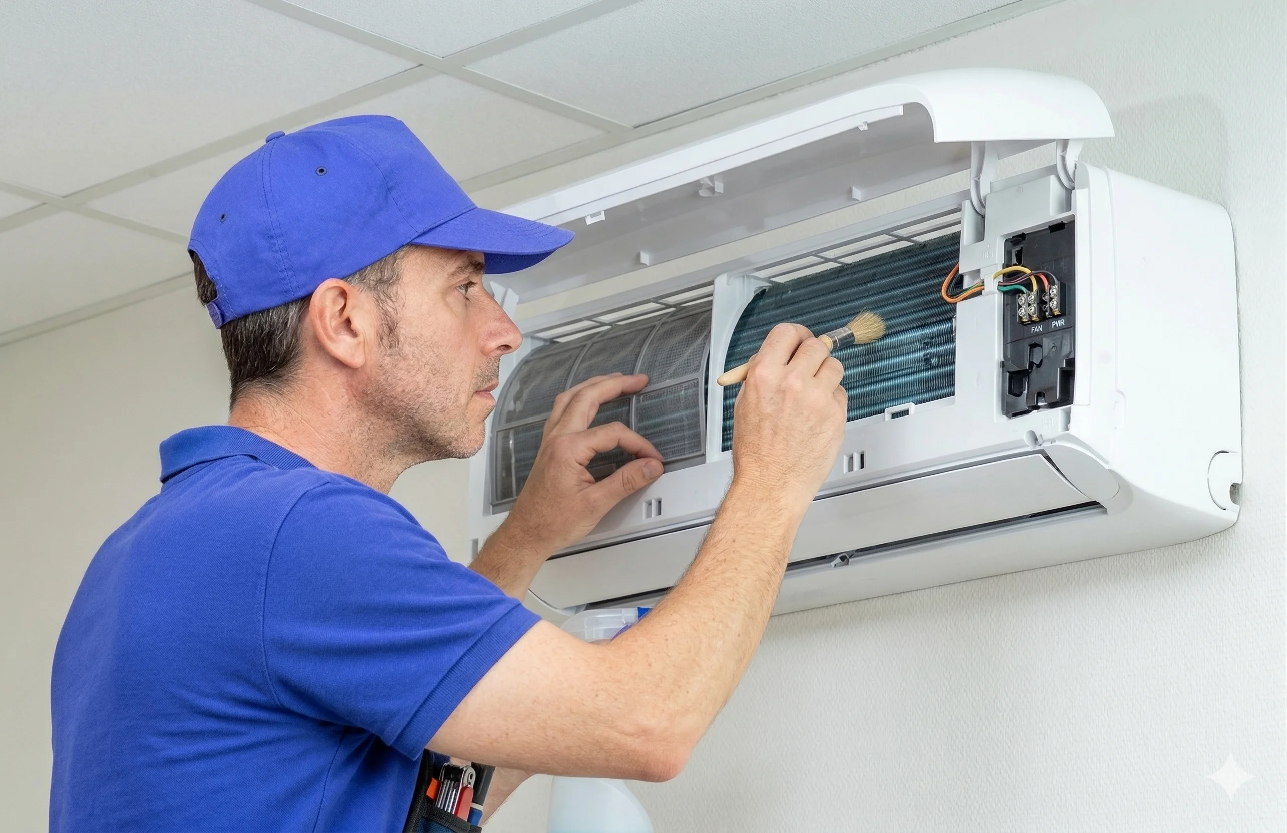 Technician performing maintenance on air conditioner