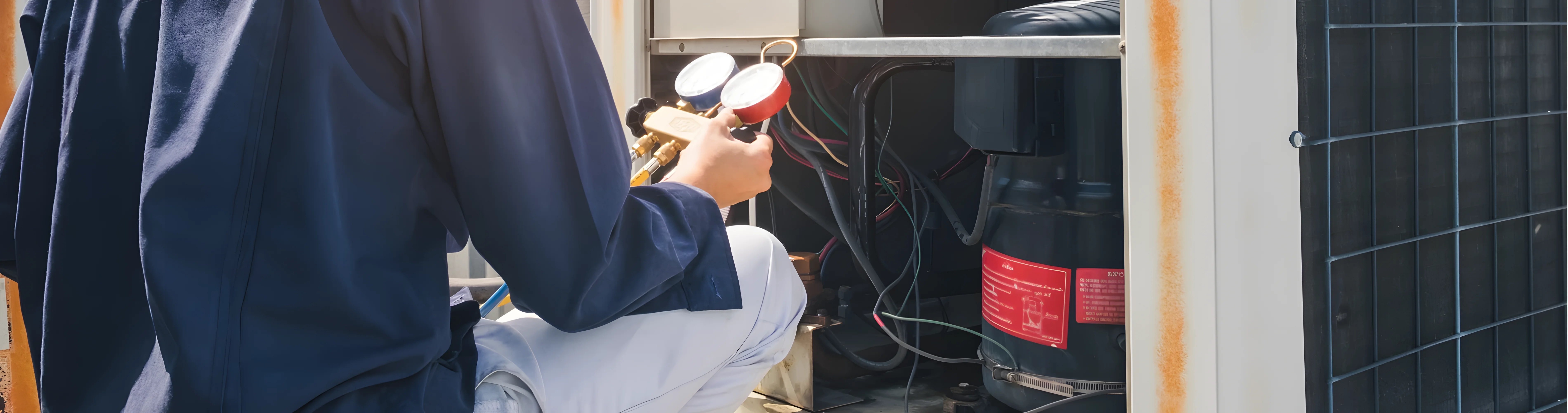 Technician servicing an air conditioning unit with gauges.