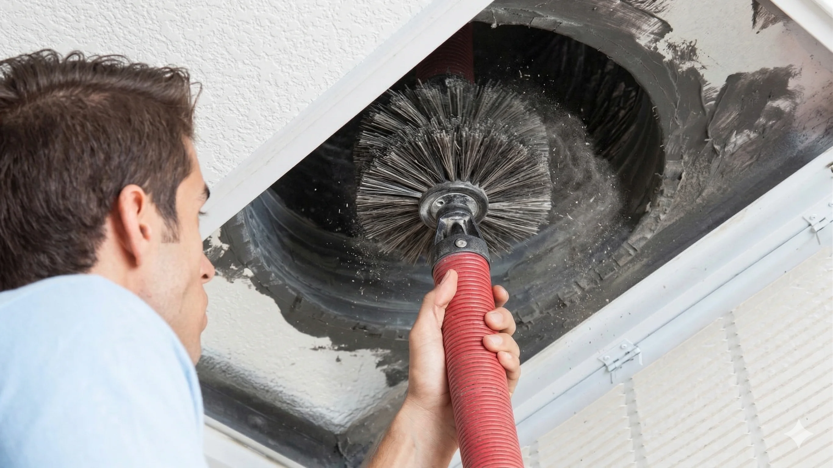 Person cleaning a ceiling duct with a brush and vacuum.