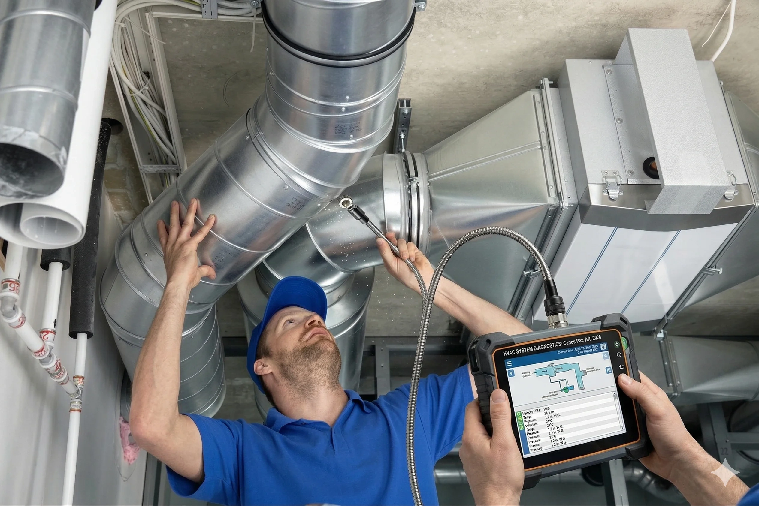 Technician working on ducting system with tablet