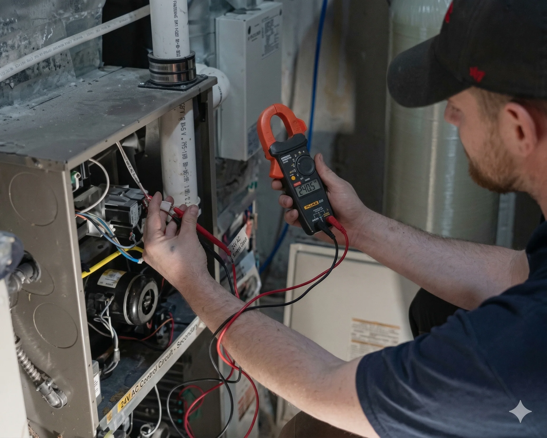 Technician using a multimeter on electrical equipment
