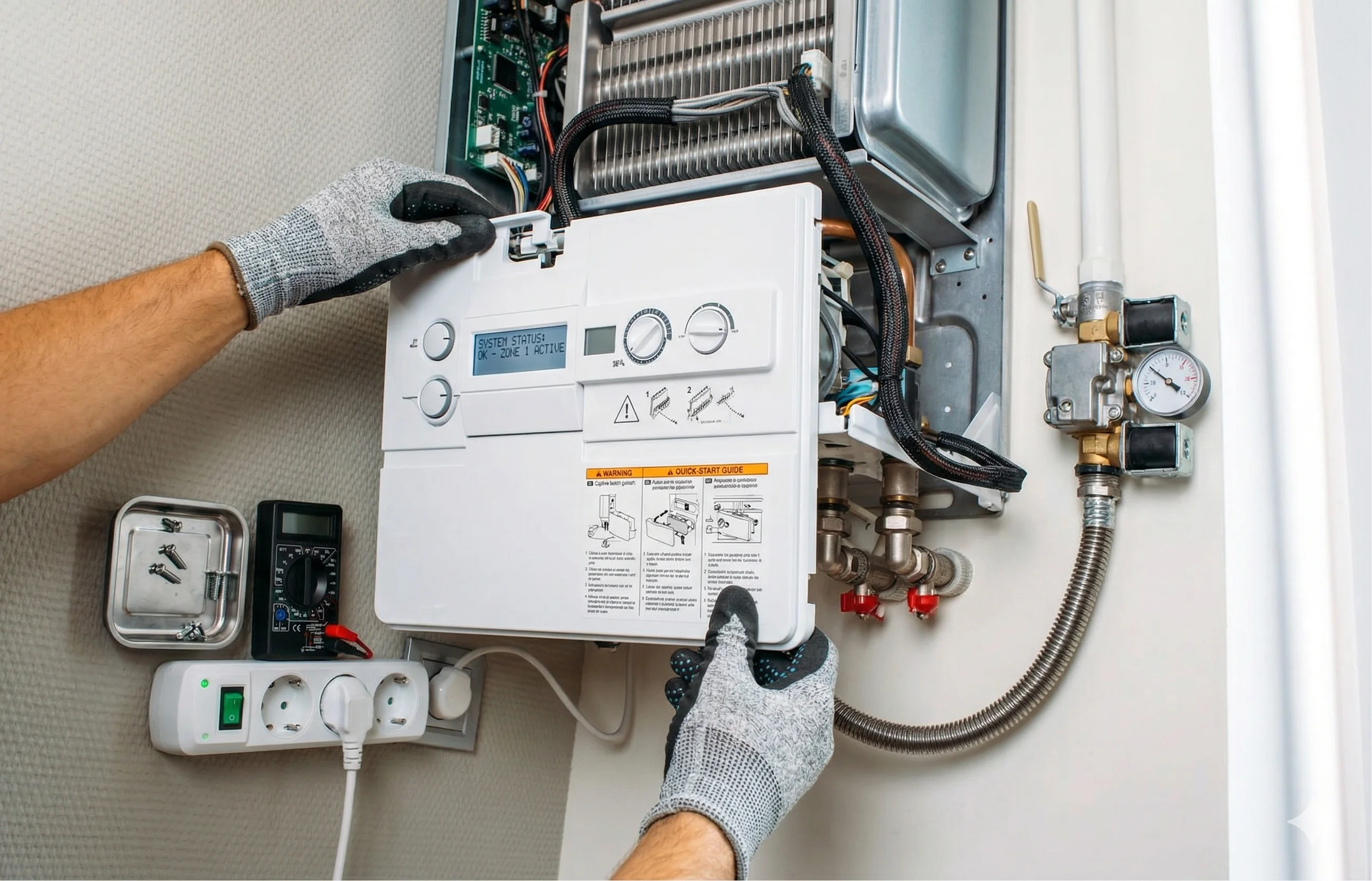 Hands adjusting a heating system control unit