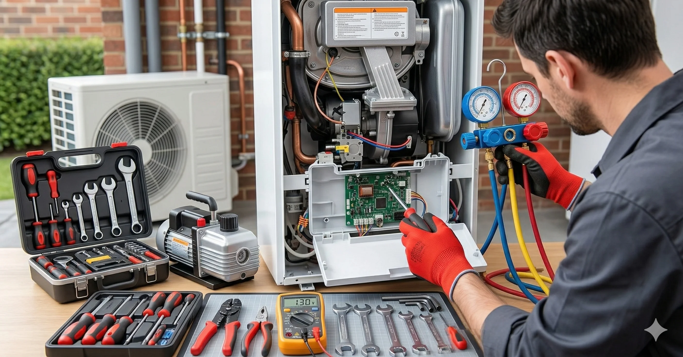 Technician servicing HVAC unit with tools and gauges.
