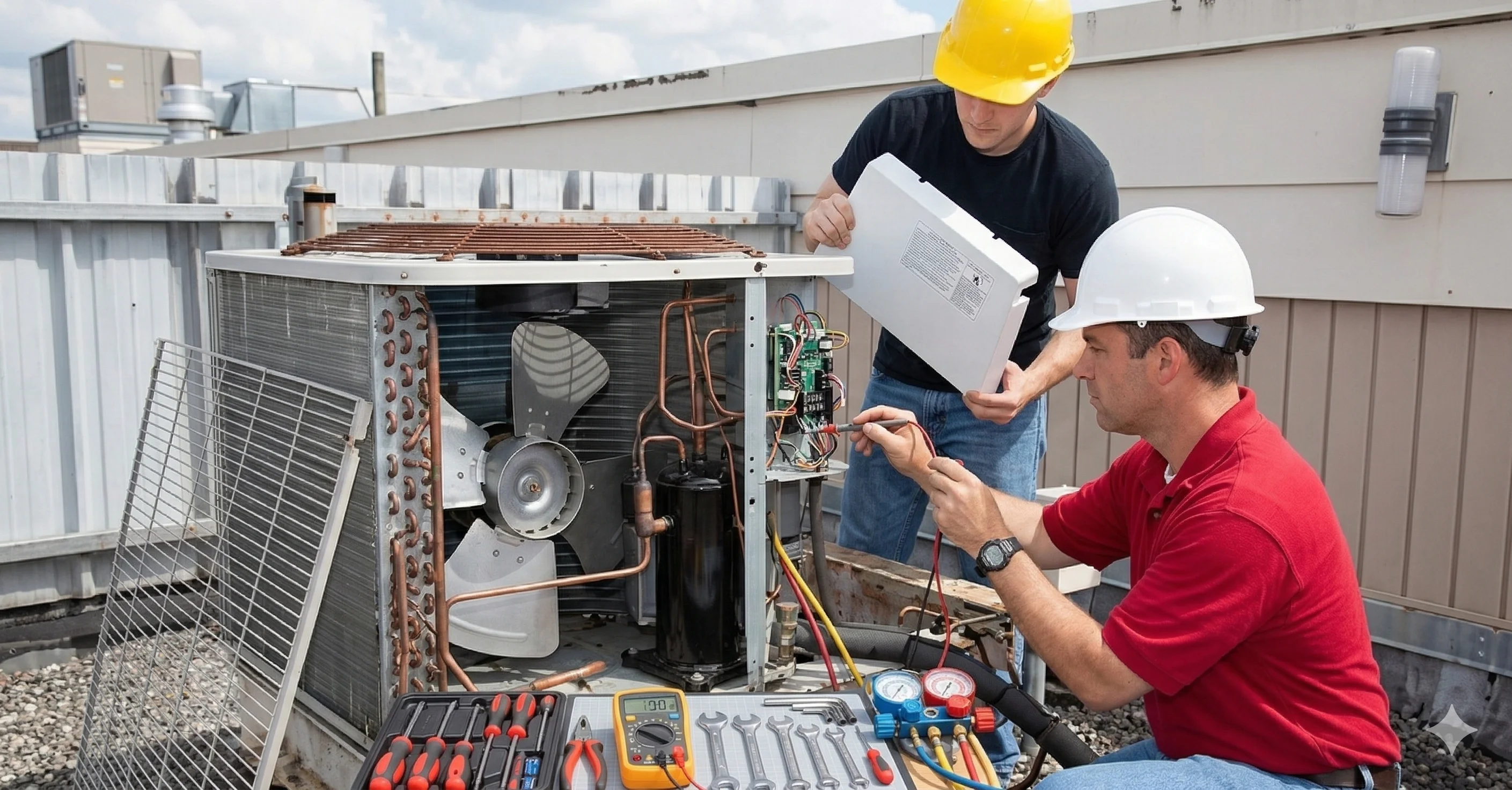 Technicians repairing an air conditioning unit on a rooftop.