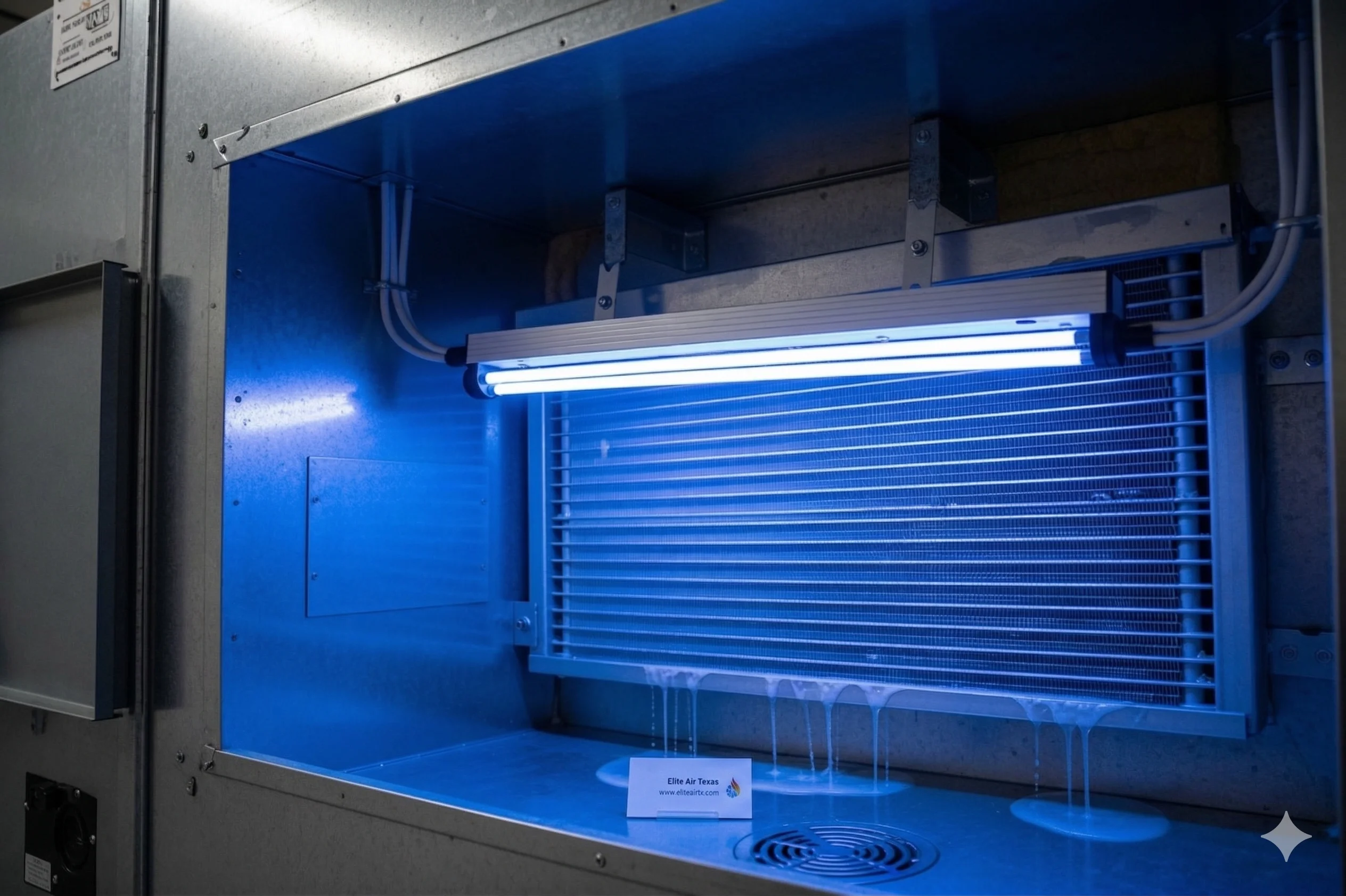 Blue-lit air handling unit showing UV light