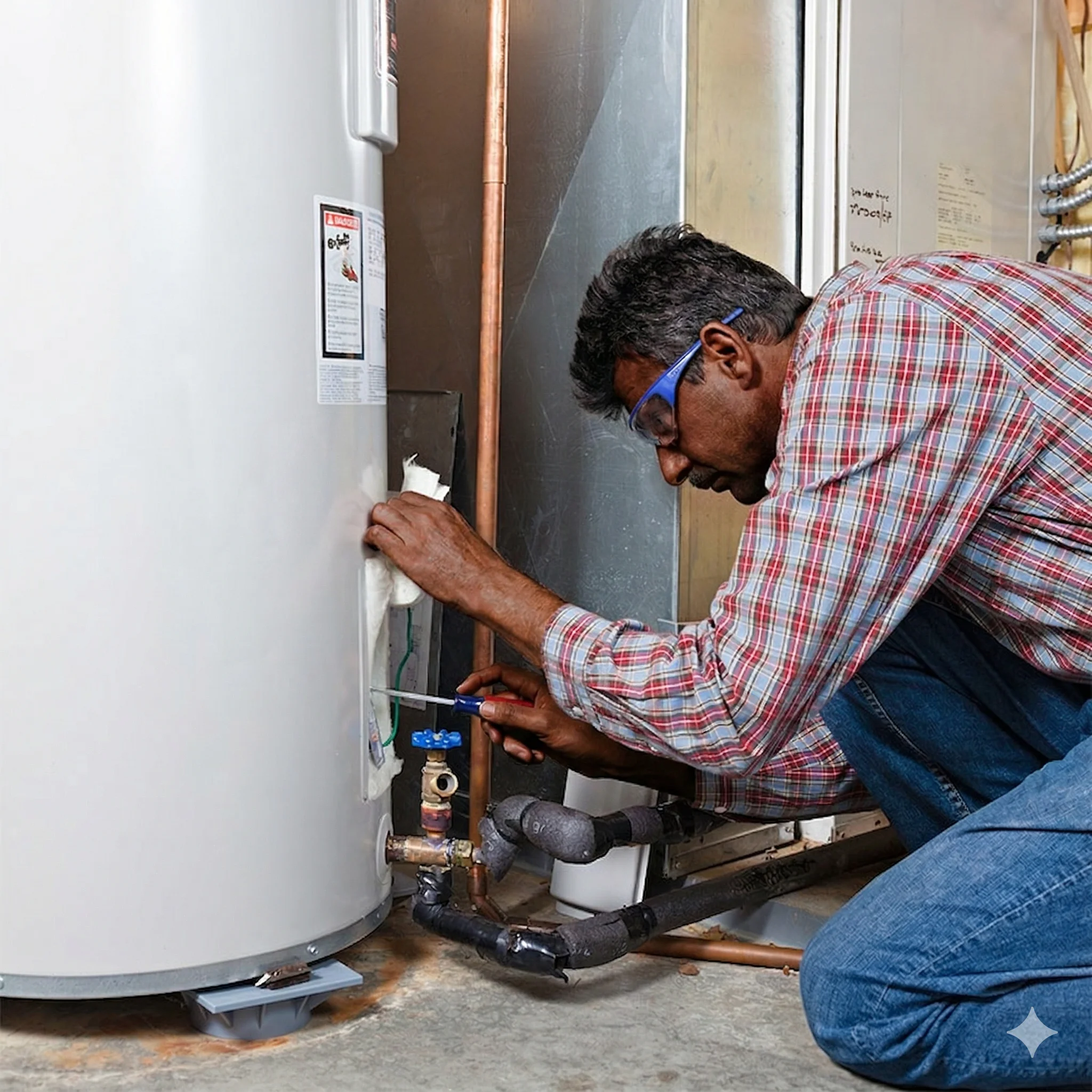 Man repairing a water heater in a home setting.