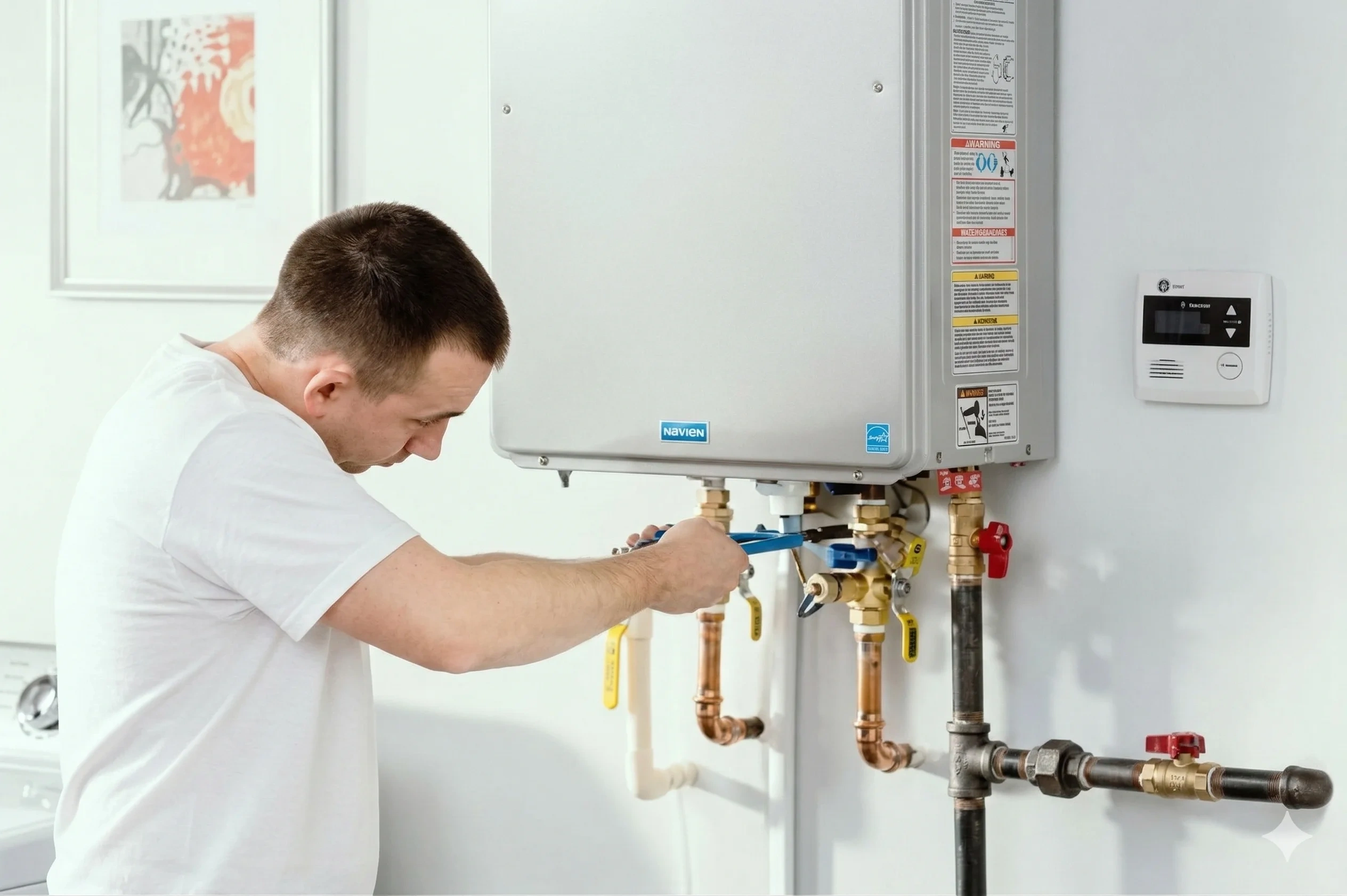Plumber repairing a water heater with tools.