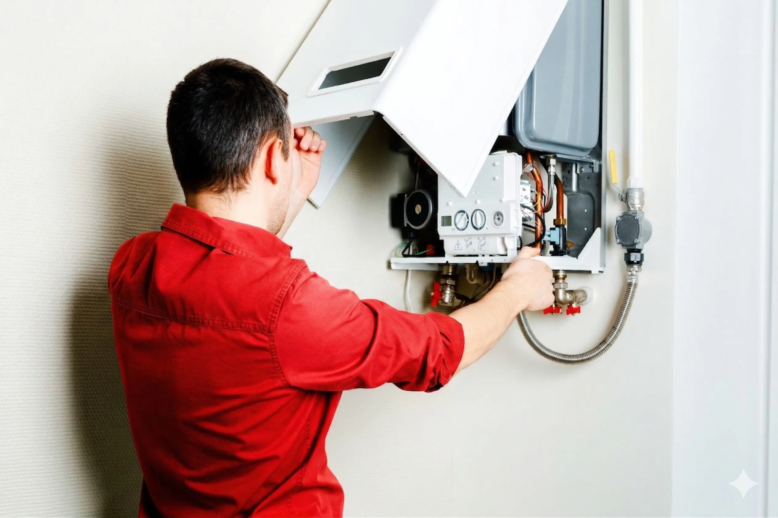 Technician servicing a boiler in a red shirt